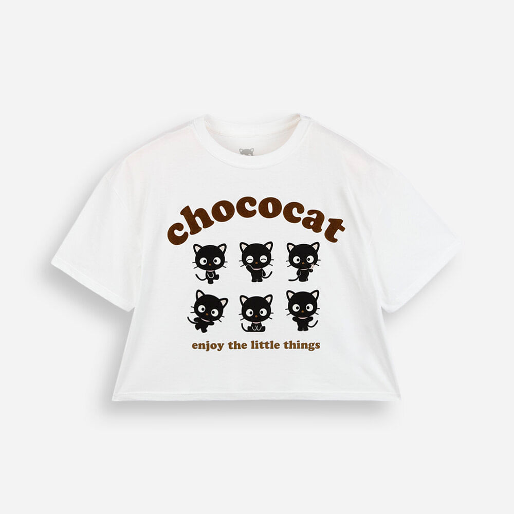 Camiseta cropped juvenil de algodão chococat hello kitty off white