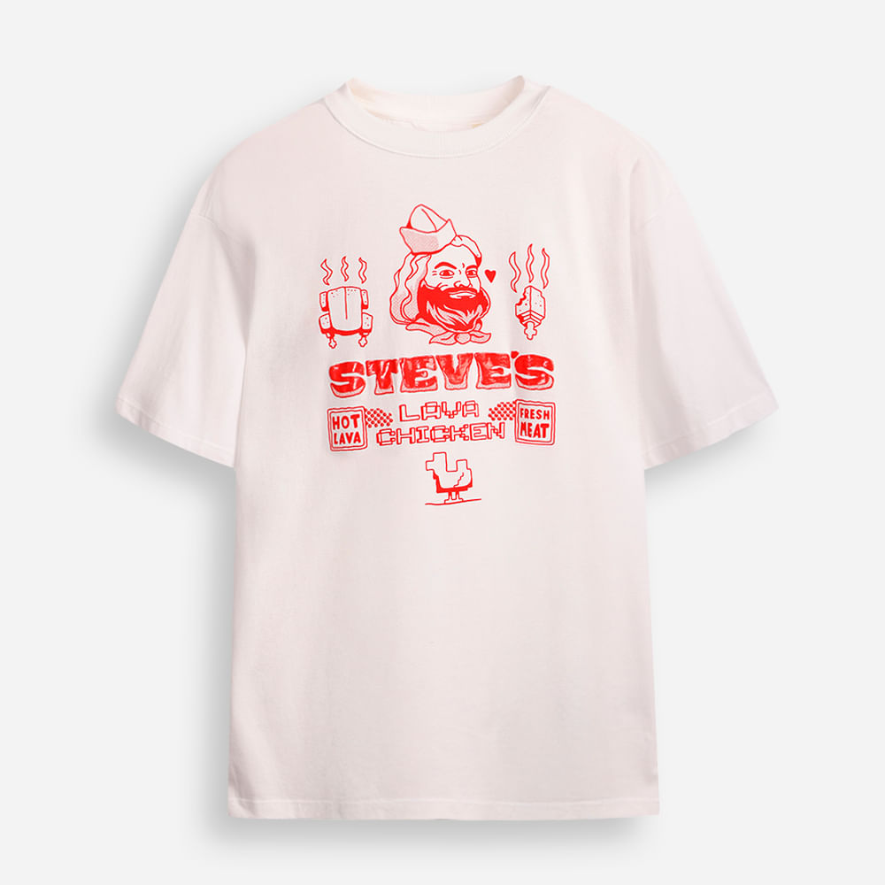 Camiseta de algodão juvenil steve minecraft off white Camiseta de algodão juvenil steve minecraft off white