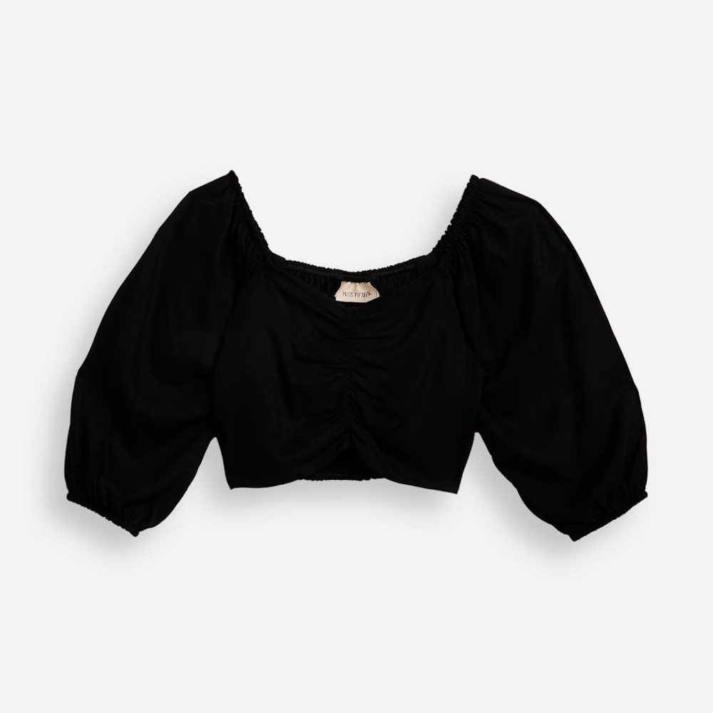 Cropped de viscose juvenil manga bufante com franzido preto