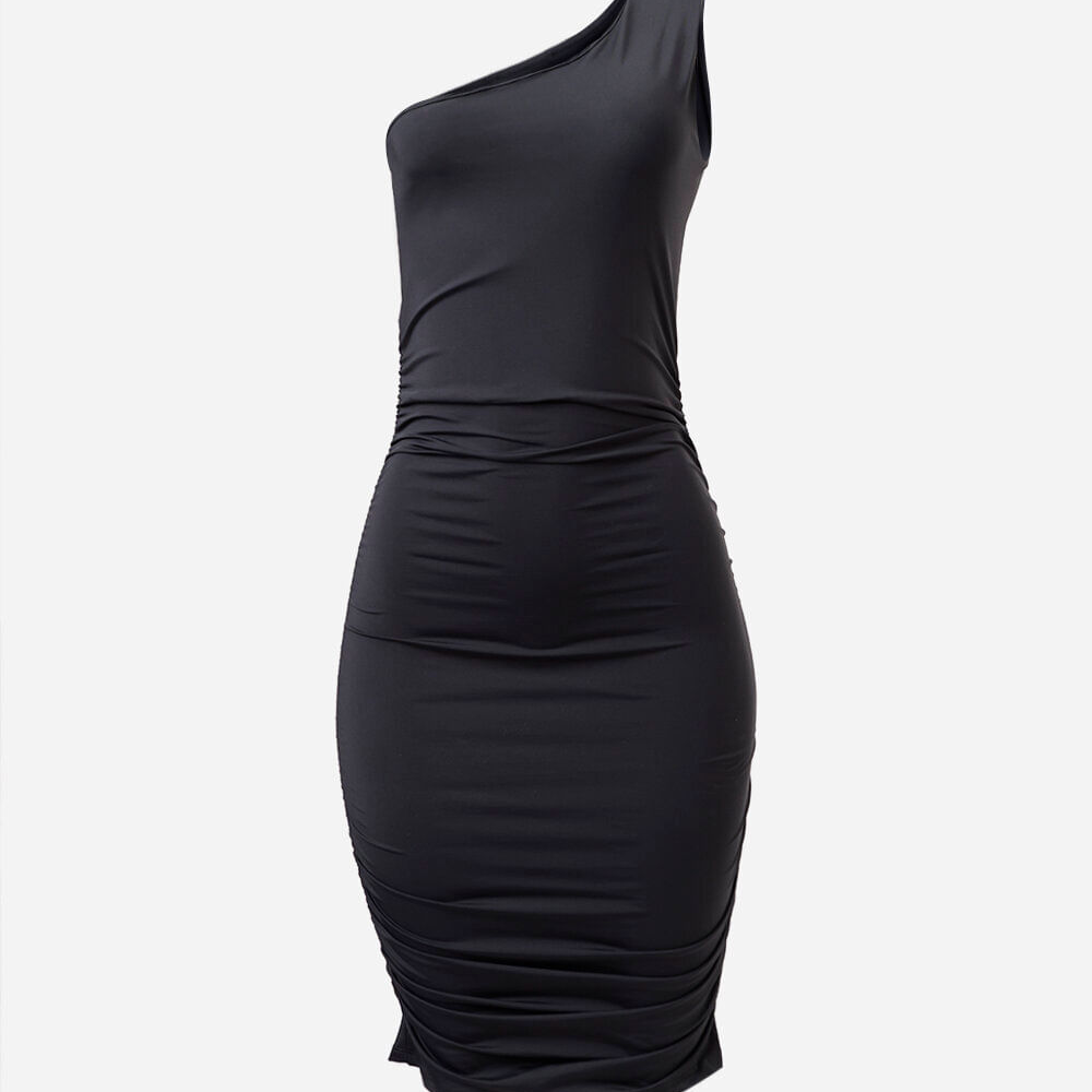 Vestido ombro único juvenil de poliamida franzido preto