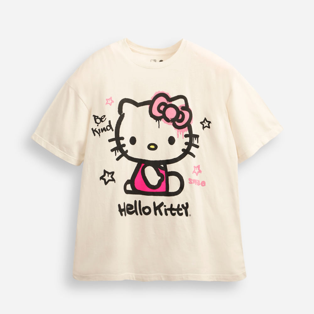Camiseta de algodão juvenil manga curta hello kitty bege