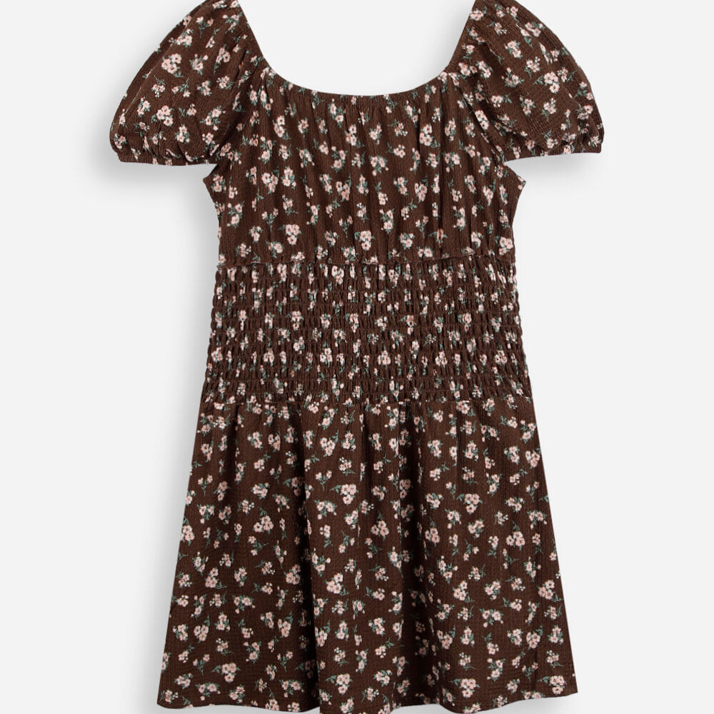 Vestido juvenil franzido floral marrom Vestido juvenil franzido floral marrom