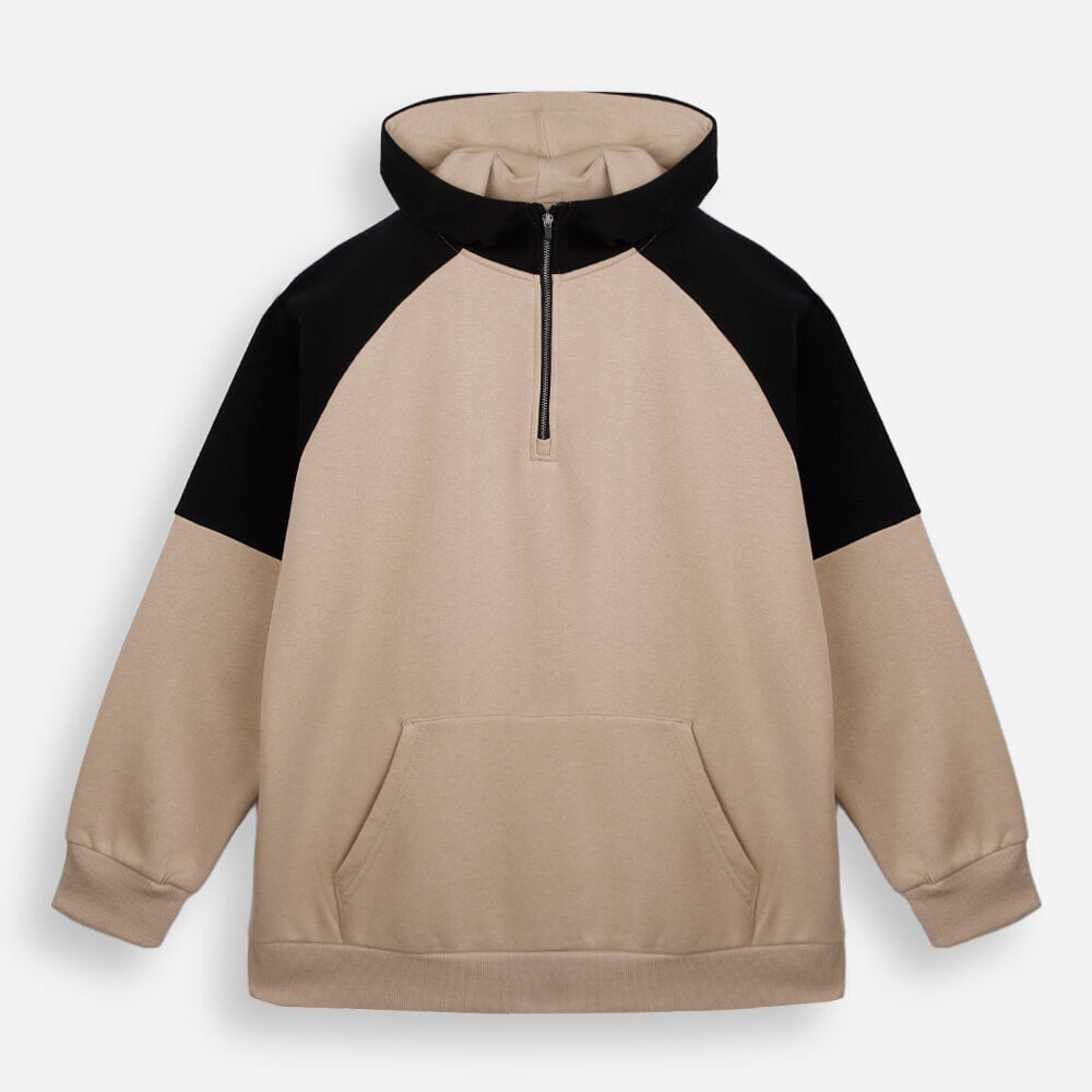 Blusa juvenil de moletom felpado com capuz bicolor bege