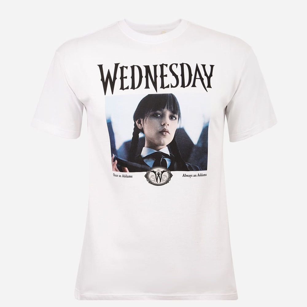 Camiseta juvenil de algodão wandinha off white