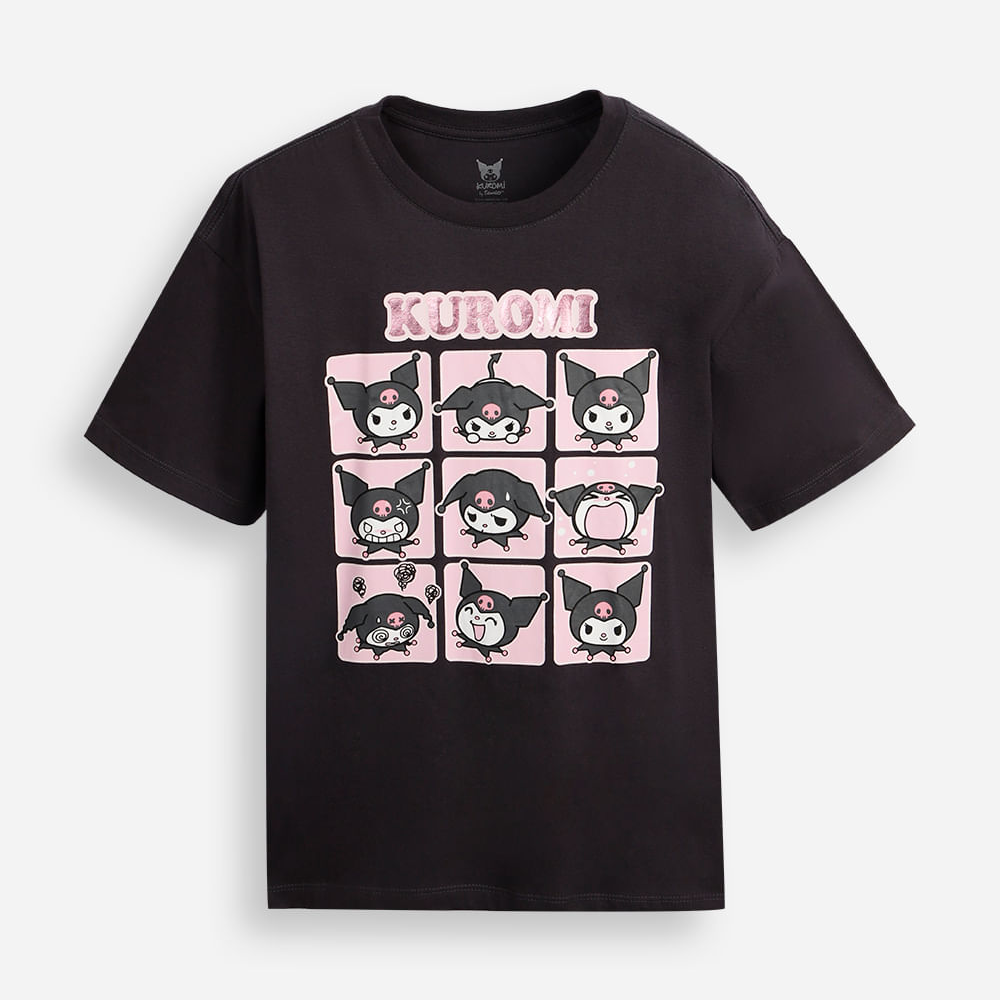 Camiseta oversized infantil manga curta hello kitty kuromi cinza