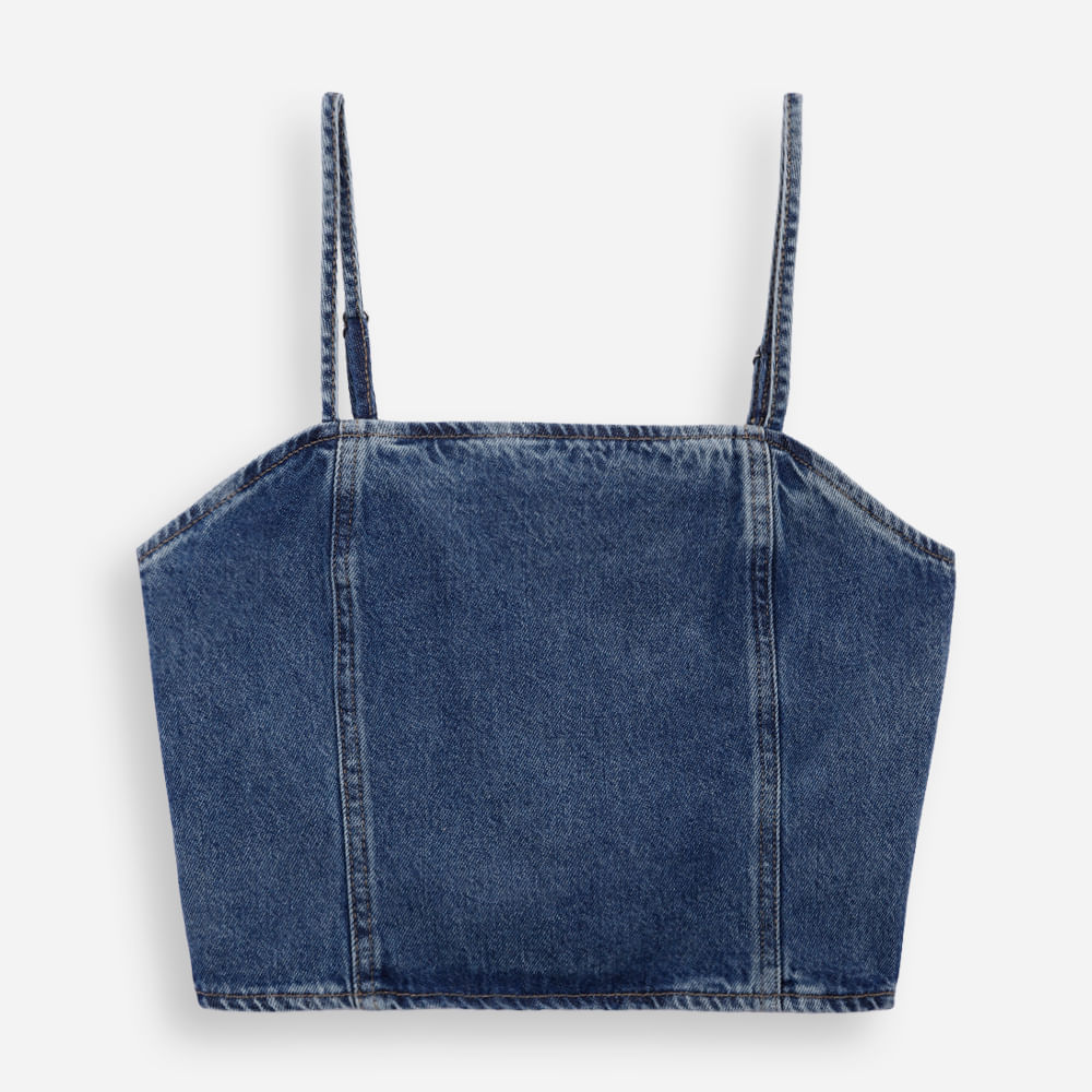 Top alça fina juvenil jeans com recortes azul