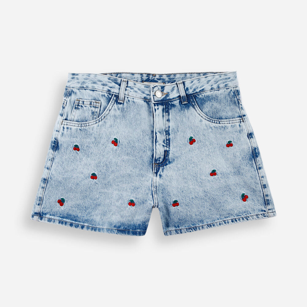 Short infantil mom jeans bordado cereja azul