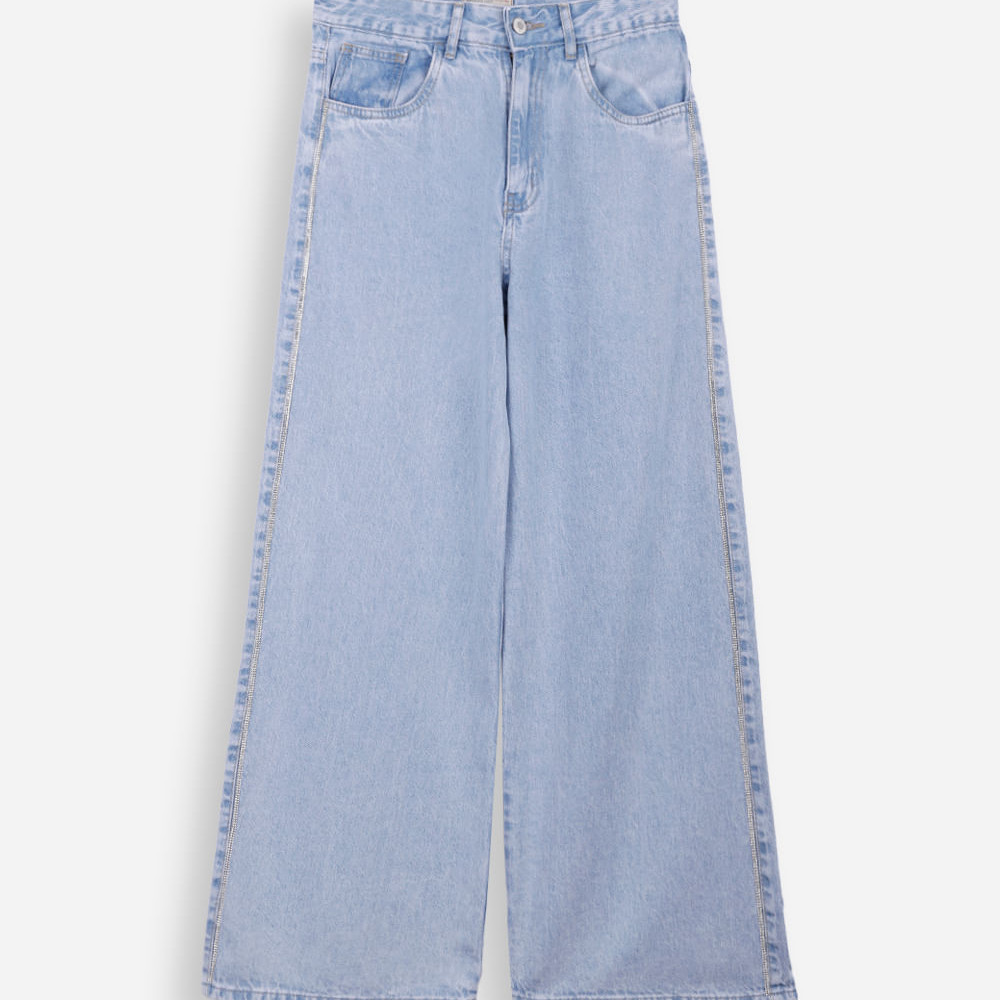 Calça jeans wide leg brilhos azul