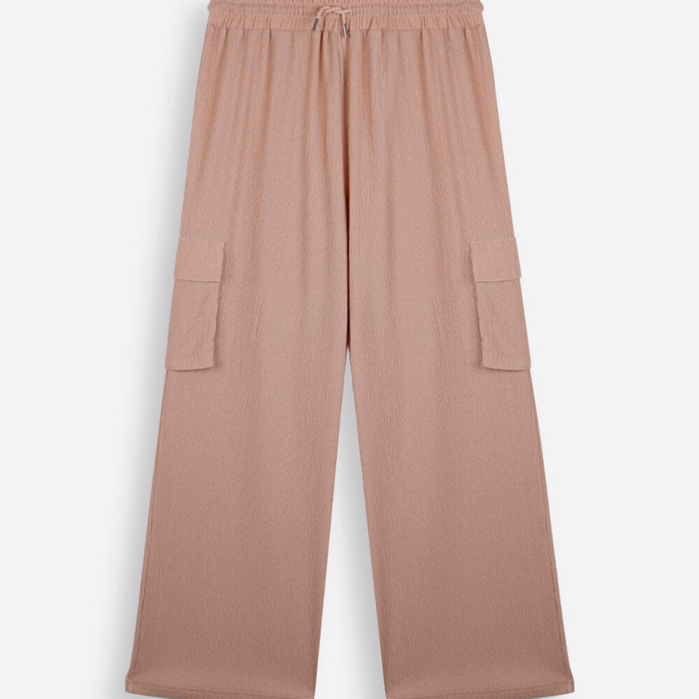 Calça juvenil cargo wide leg texturizada bege Calça juvenil cargo wide leg texturizada bege
