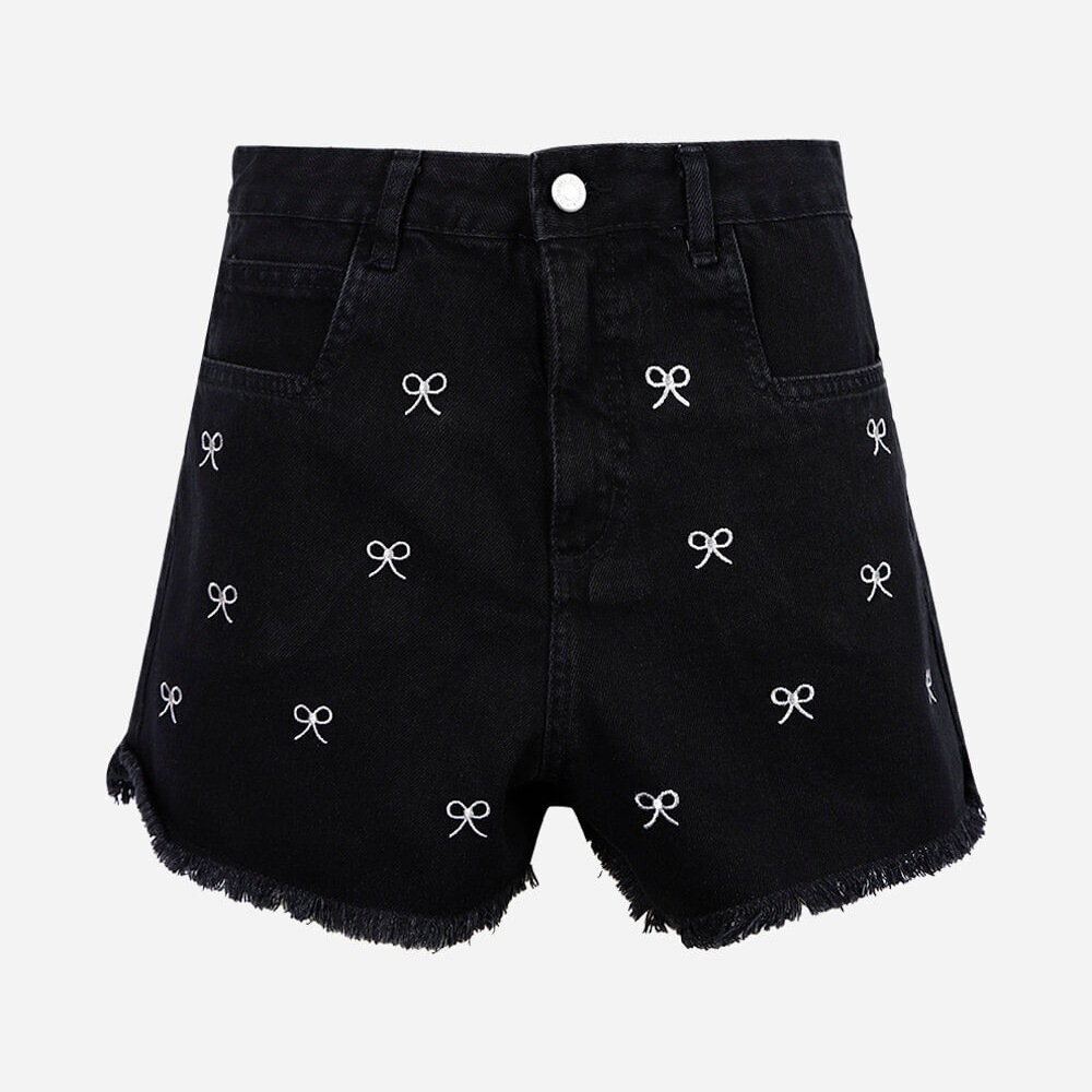 Short juvenil infantil com laços bordados preto