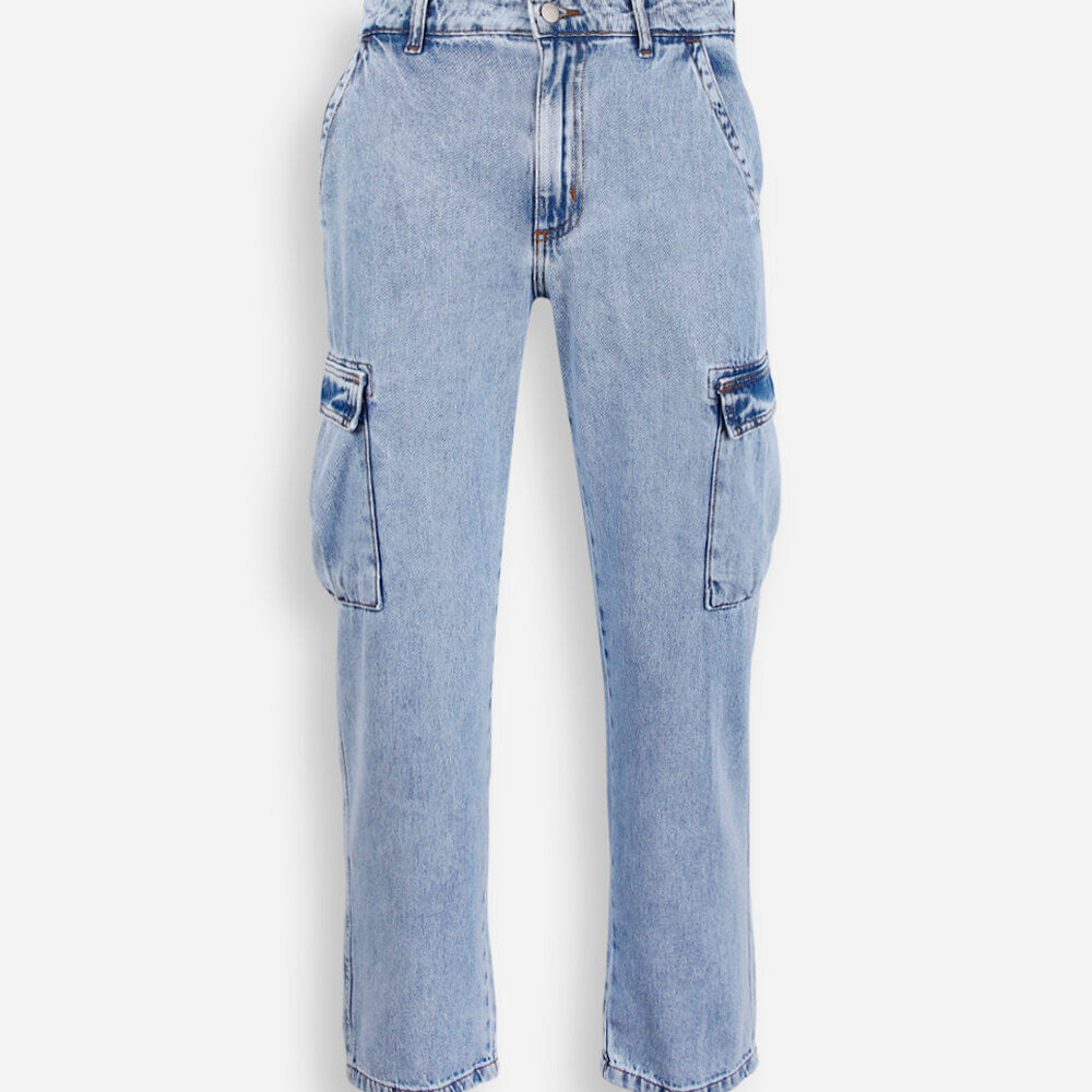 Calça wide leg slim juvenil com bolso cargo azul