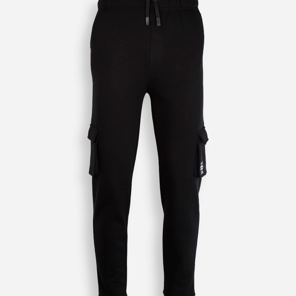 Calça juvenil jogger de moletom com bolso cargo preta