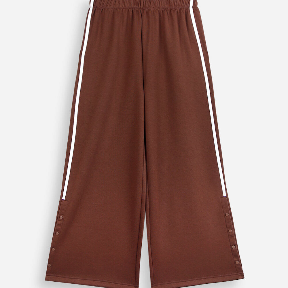 Calça pantalona juvenil com listras laterais cós elástico marrom
