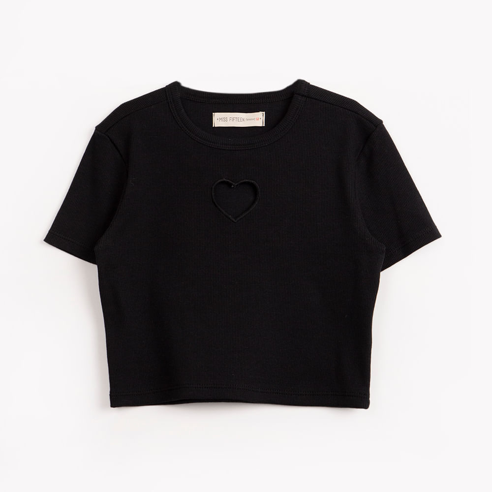Blusa juvenil cropped manga curta coração preto