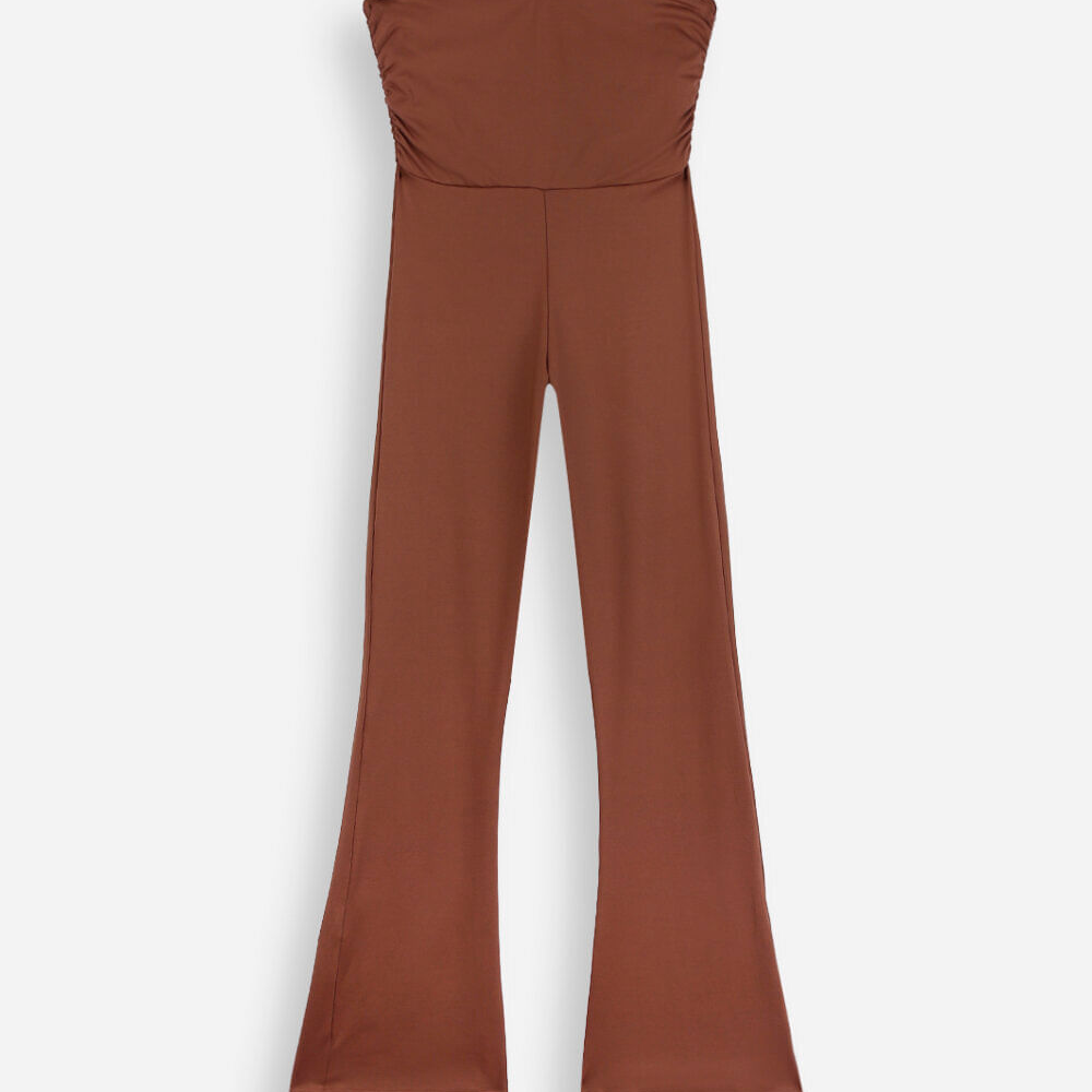 Calça flare juvenil de poliamida com franzido marrom Calça flare juvenil de poliamida com franzido marrom