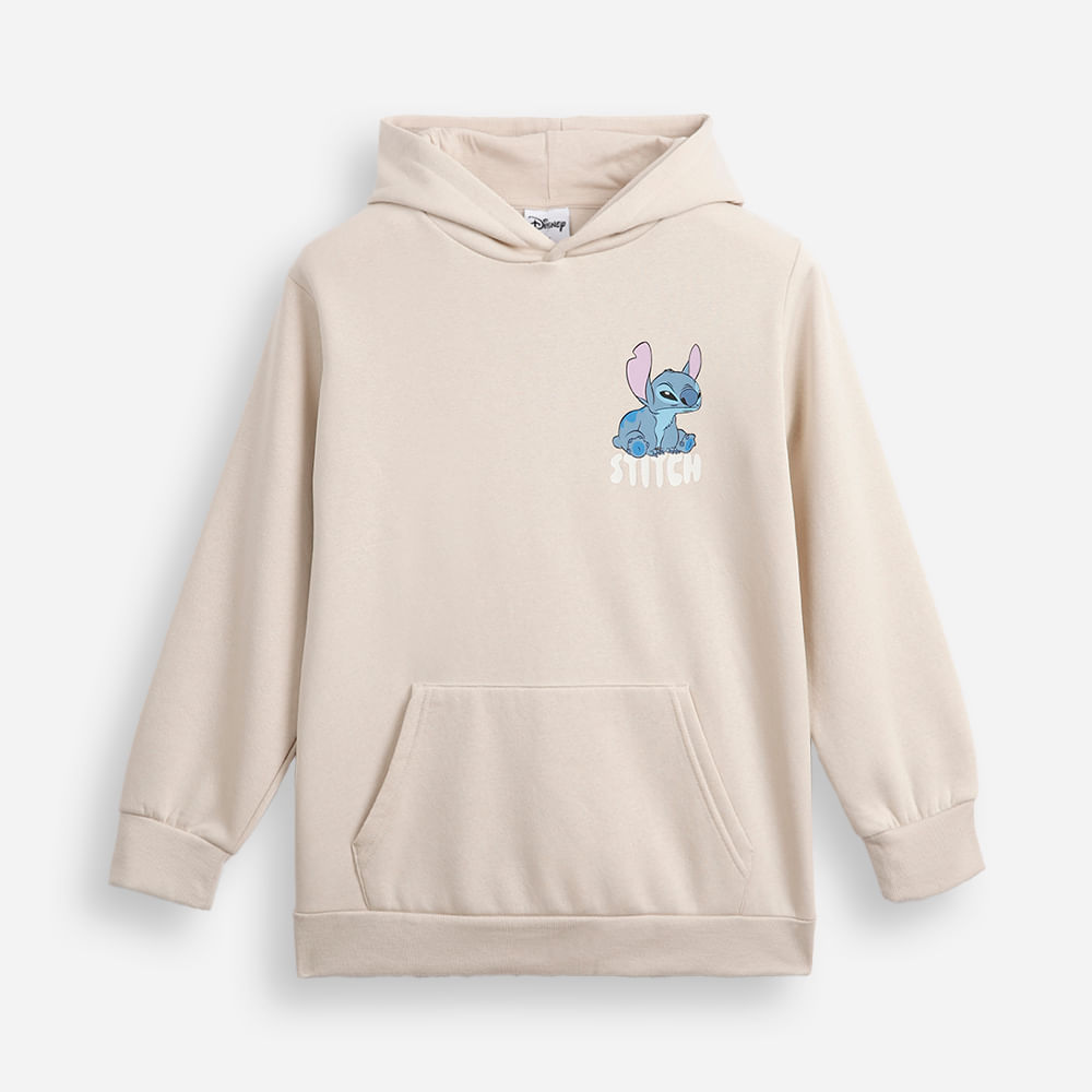 Blusão de moletom juvenil com capuz stitch bravinho bege