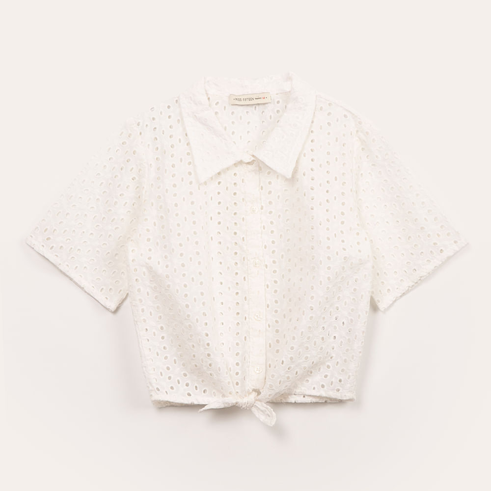 Camisa juvenil de laise manga curta com nó off white Camisa juvenil de laise manga curta com nó off white