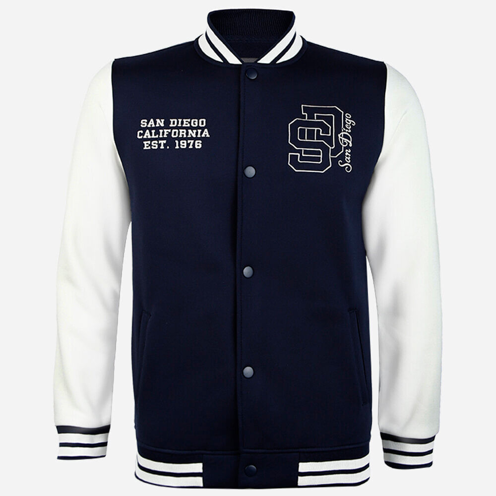 Jaqueta bomber college juvenil de moletom com bordado azul Jaqueta bomber college juvenil de moletom com bordado azul