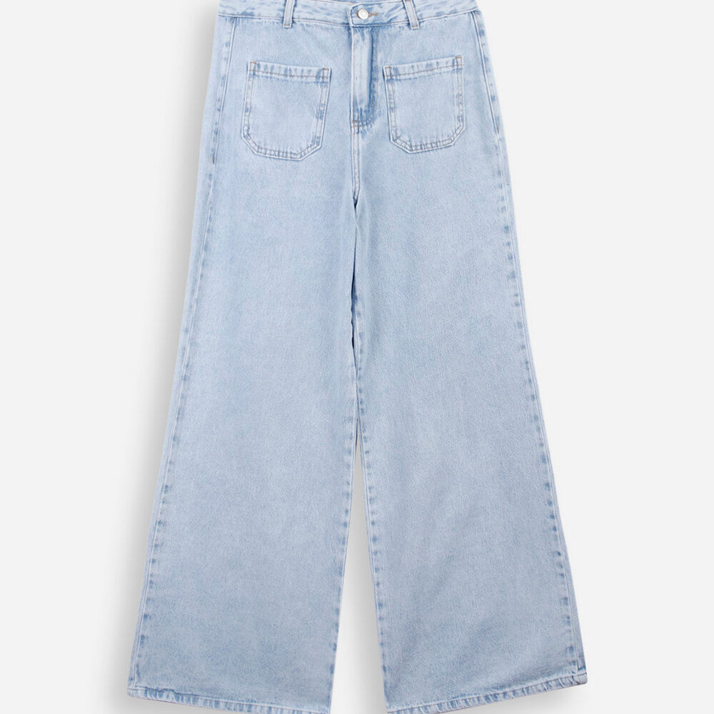 Calça jeans wide leg juvenil com bolsos azul
