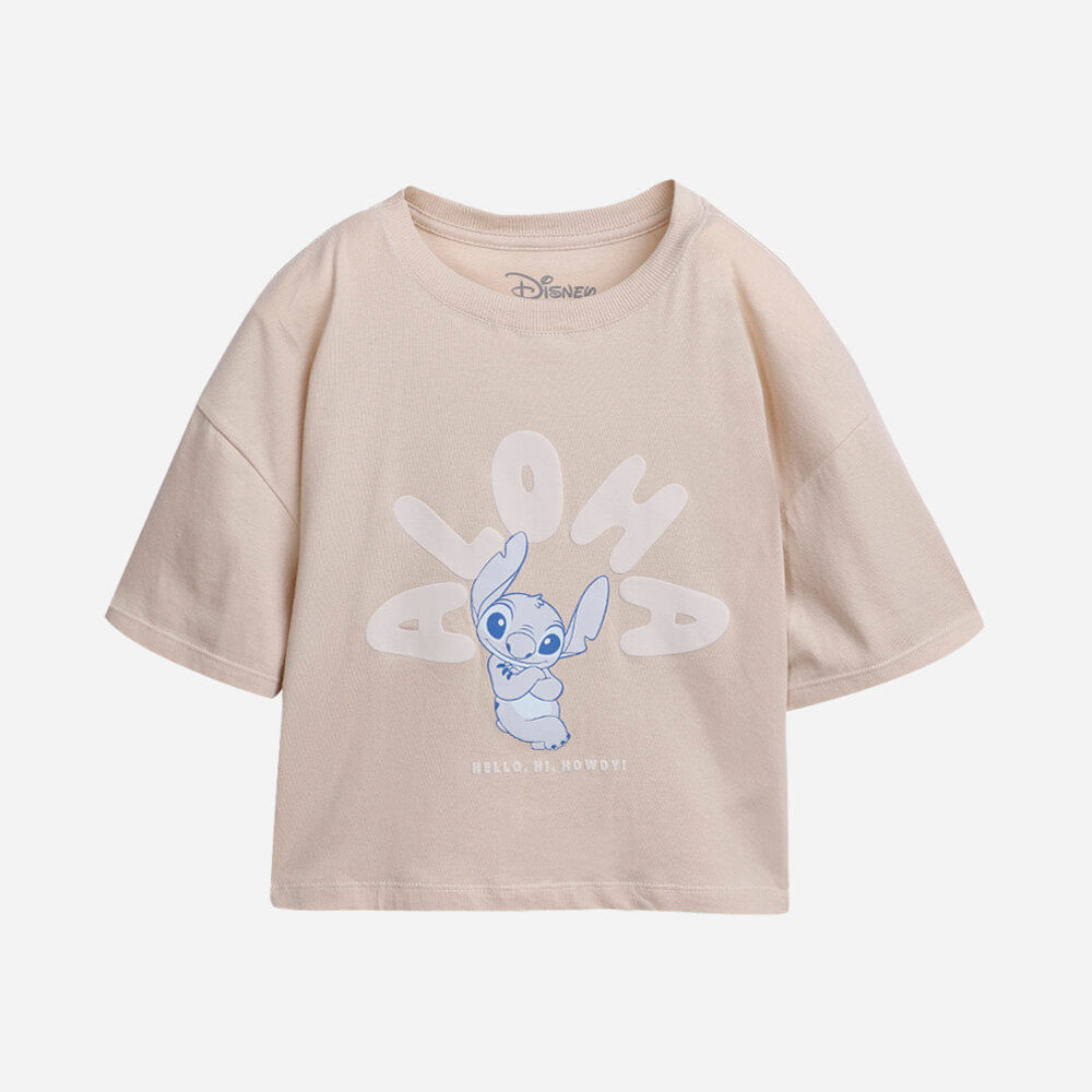Camiseta cropped infantil aloha stitch bege