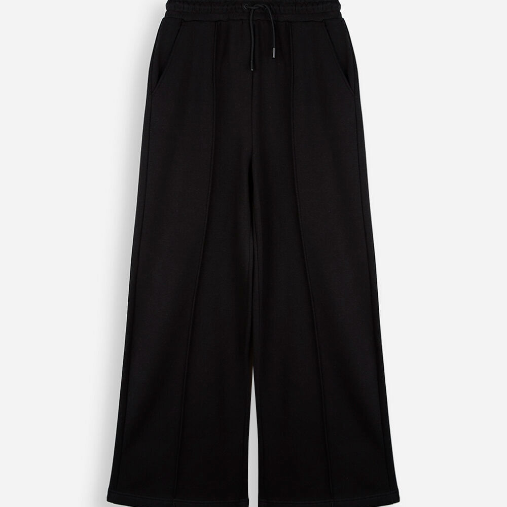 Calça wide leg juvenil com nervuras cós elástico preto Calça wide leg juvenil com nervuras cós elástico preto