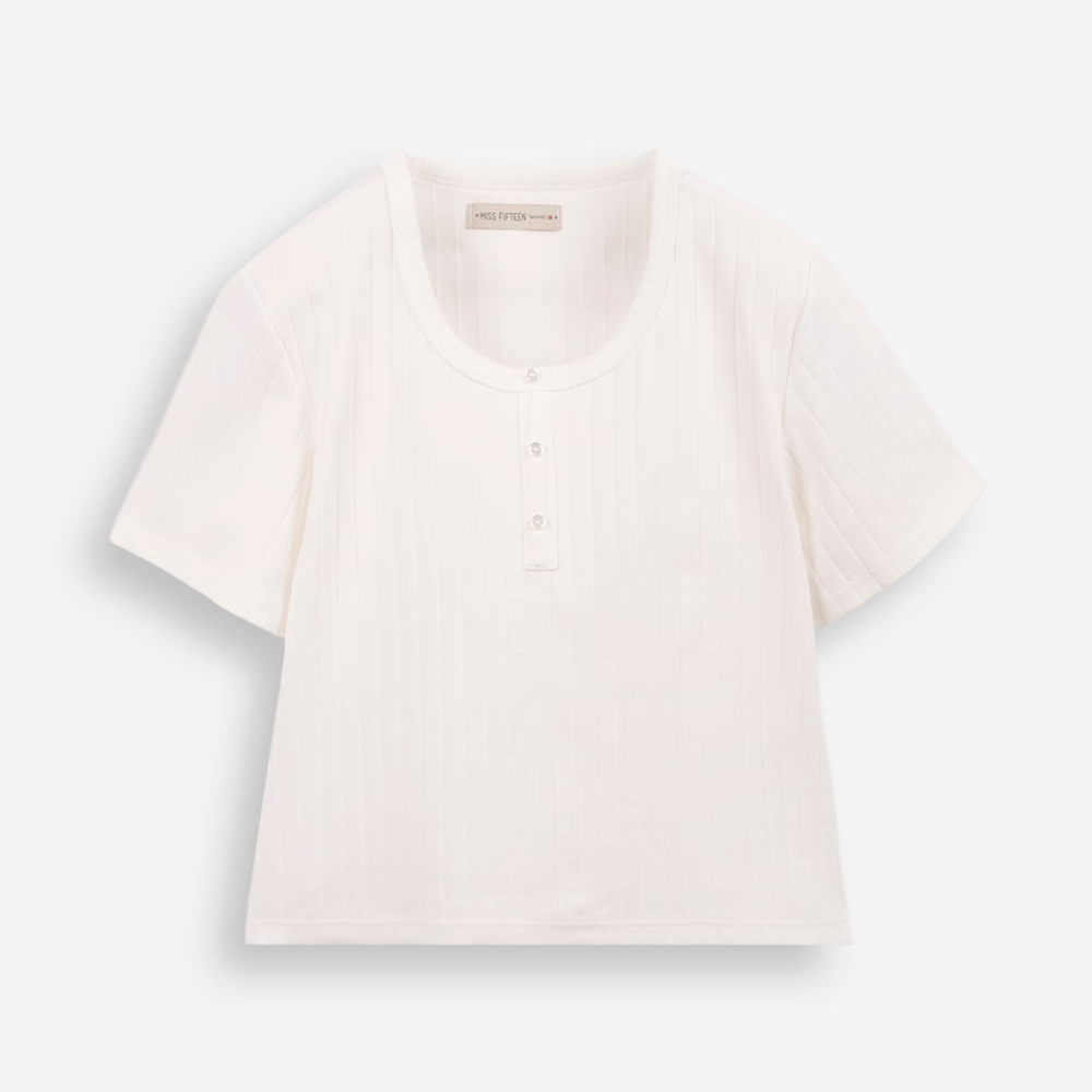 Blusa juvenil de algodão com botões canelada off white