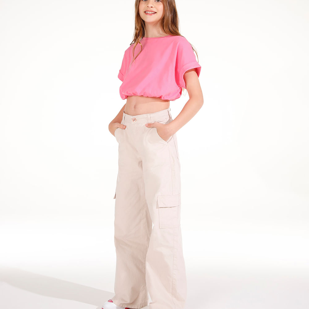 Calça wide leg cargo de sarja juvenil kaki