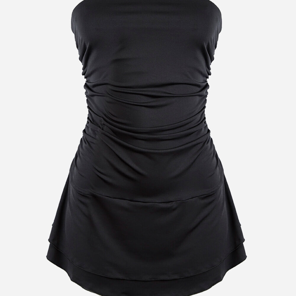 Vestido sem alça juvenil de poliamida franzido preto Vestido sem alça juvenil de poliamida franzido preto