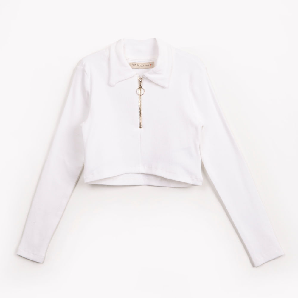 Cropped juvenil de algodão manga longa off white