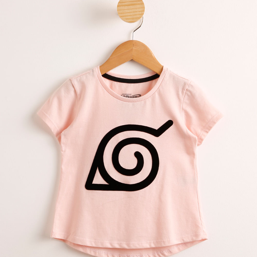 Blusa Infantil de Algodão Konoha Naruto Manga Curta Rosa Claro Blusa Infantil de Algodão Konoha Naruto Manga Curta Rosa Claro