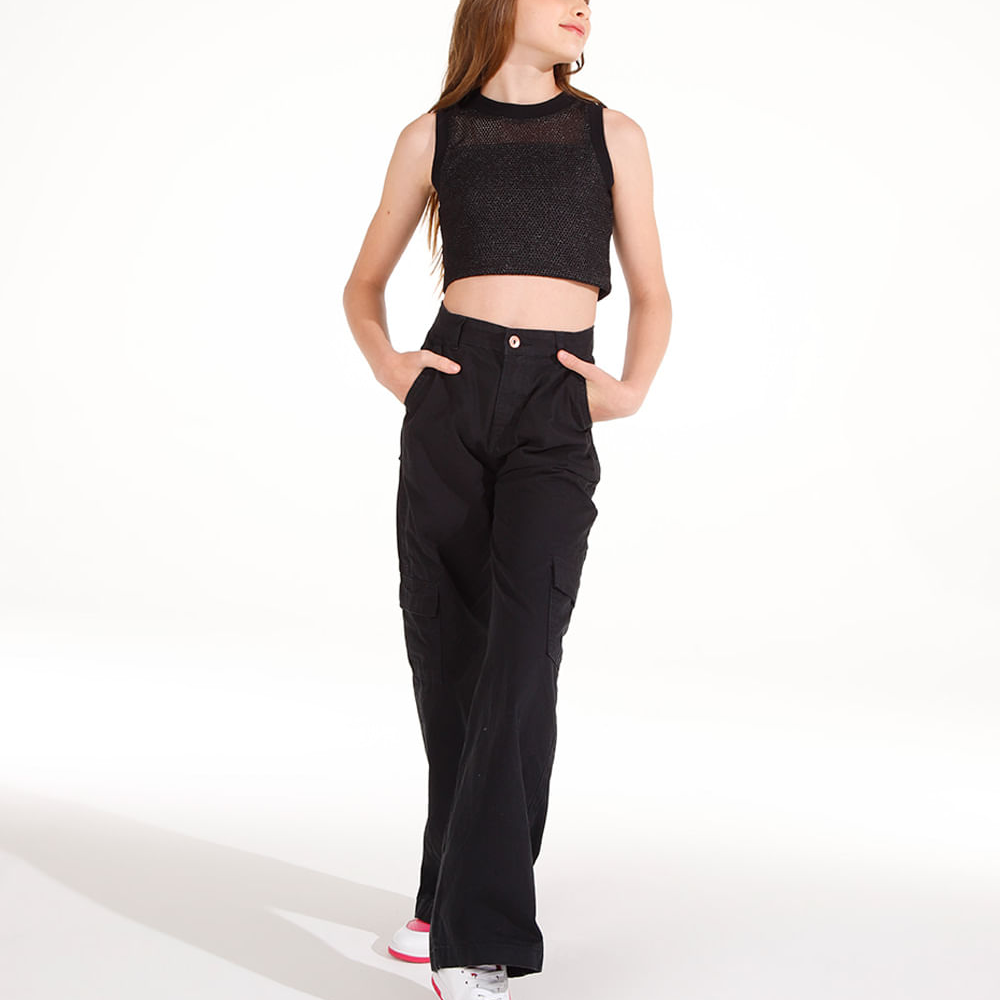 Calça wide leg cargo de sarja juvenil preto
