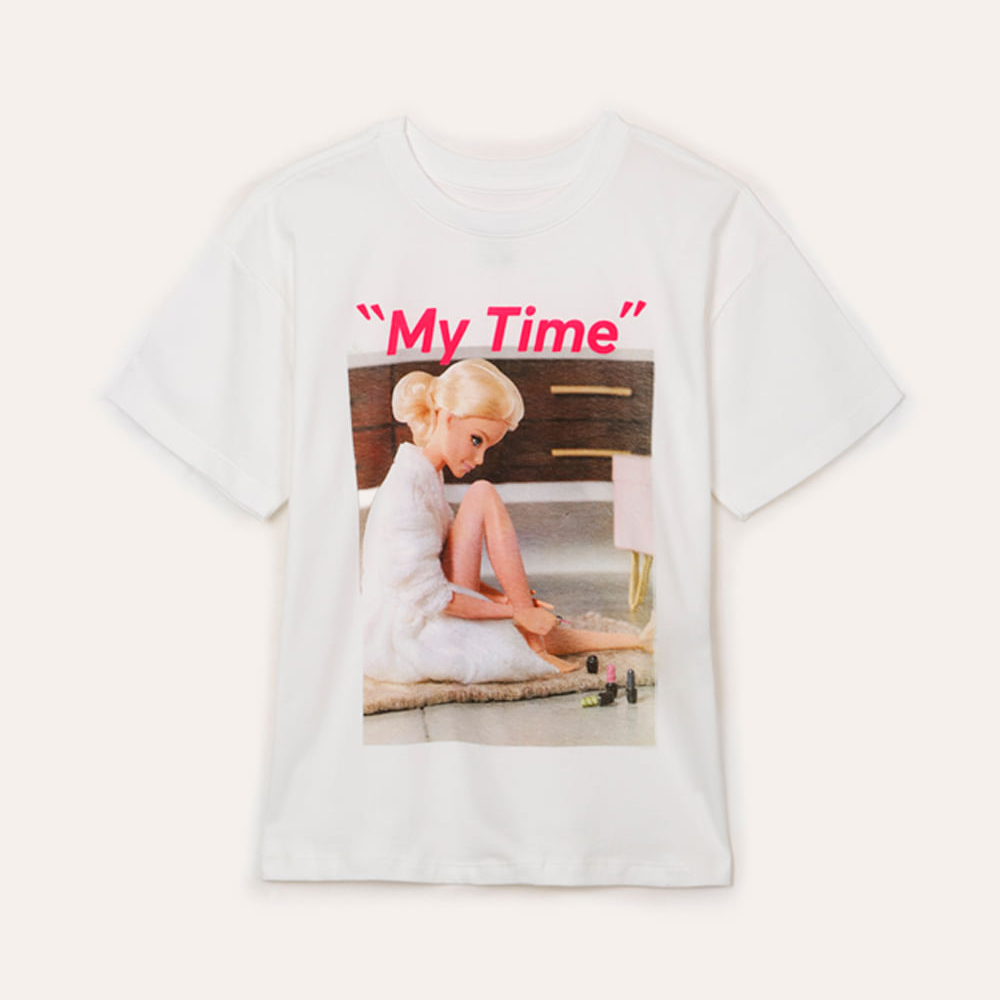 Camiseta de algodão juvenil my time barbie off white Camiseta de algodão juvenil my time barbie off white