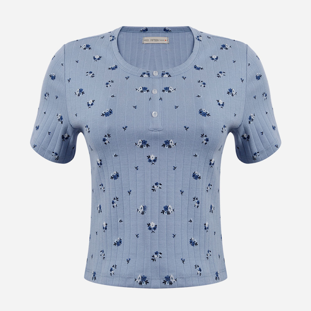 Blusa juvenil de algodão floral canelada azul Blusa juvenil de algodão floral canelada azul