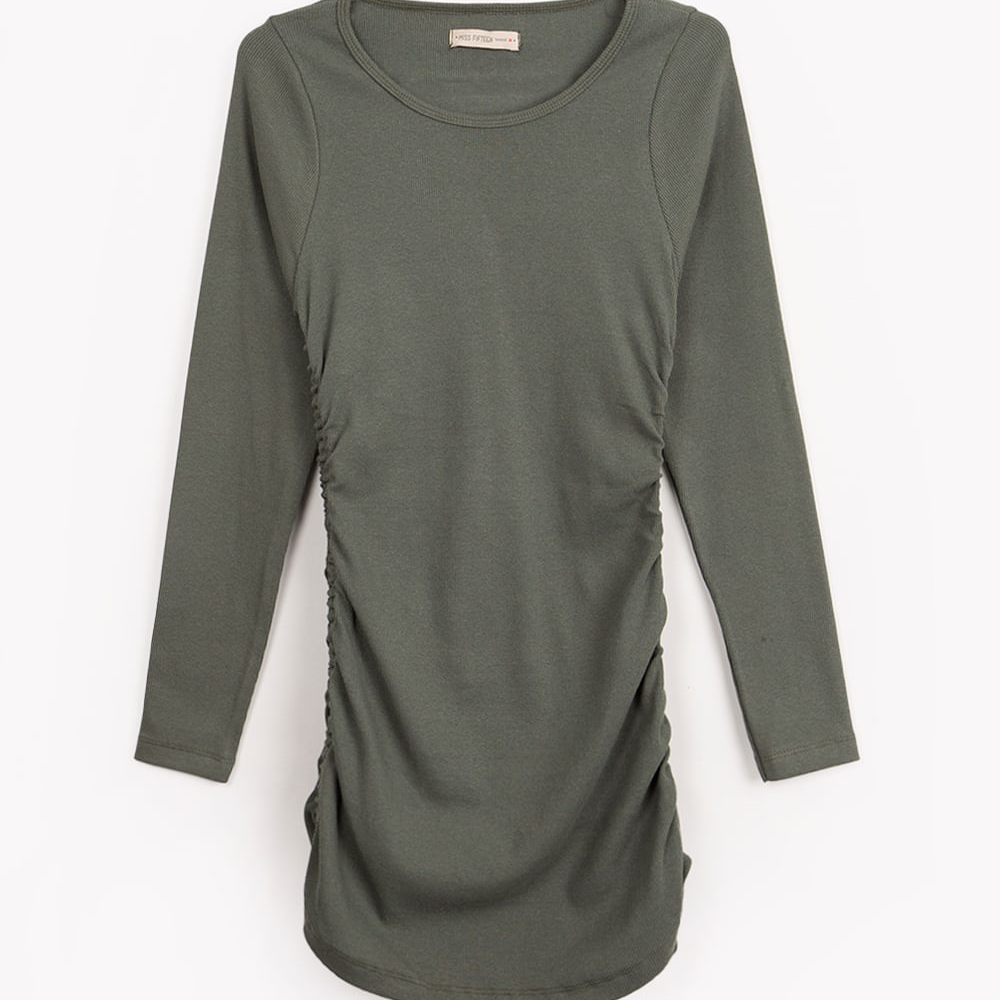 Vestido juvenil franzido manga longa verde militar Vestido juvenil franzido manga longa verde militar
