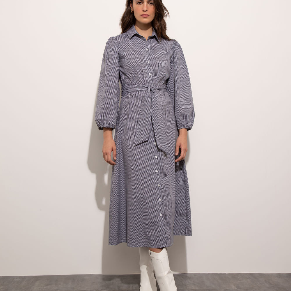 Vestido Chemise Midi Estampado Xadrez Vichy Manga Bufante com Faixa Para Amarrar Mindset Preto Vestido Chemise Midi Estampado Xadrez Vichy Manga Bufante com Faixa Para Amarrar Mindset Preto