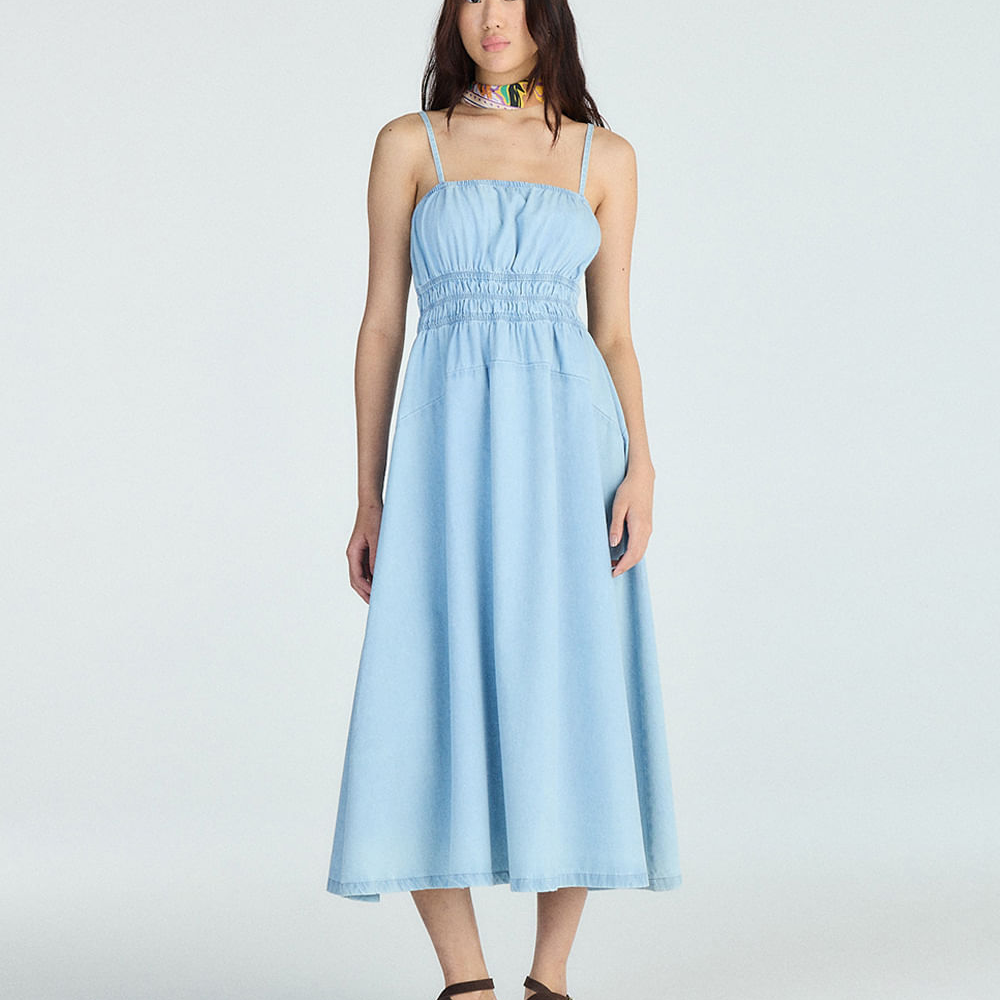 Vestido midi feminino jeans alça fina azul Vestido midi feminino jeans alça fina azul
