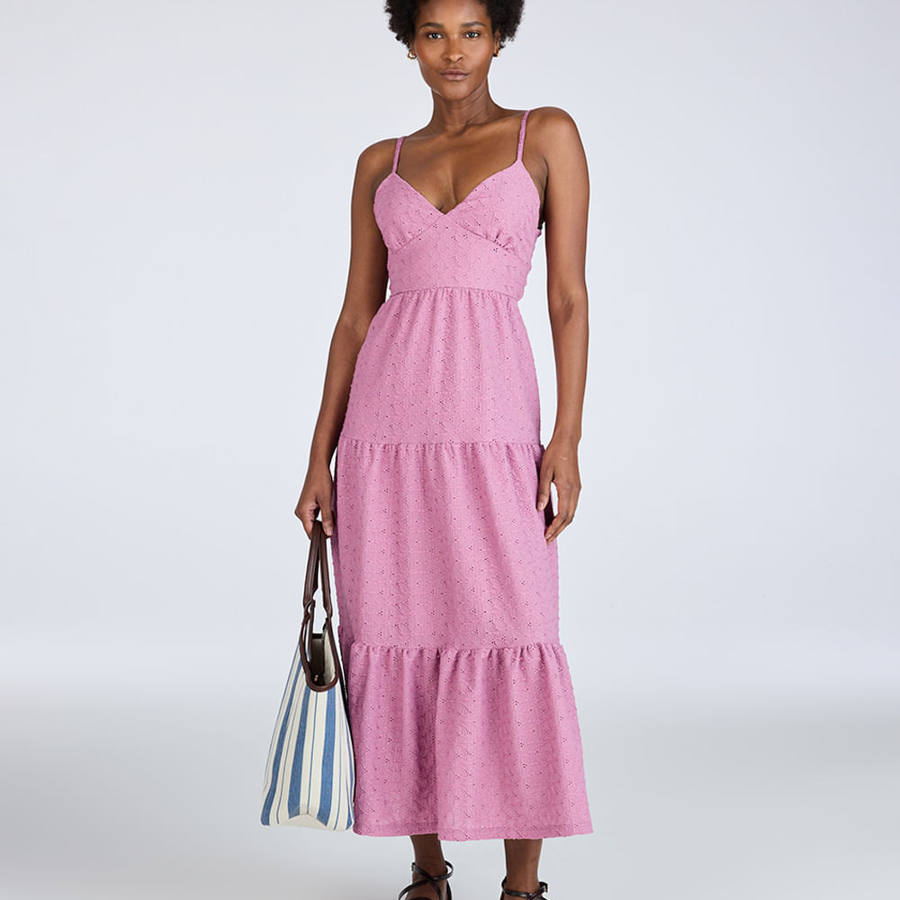 Vestido longo feminino de laise com amarração floral lilás Vestido longo feminino de laise com amarração floral lilás