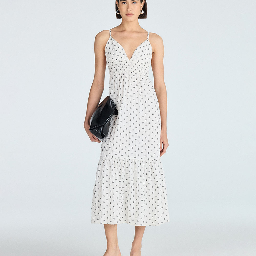 Vestido midi feminino texturizado estampado off white Vestido midi feminino texturizado estampado off white