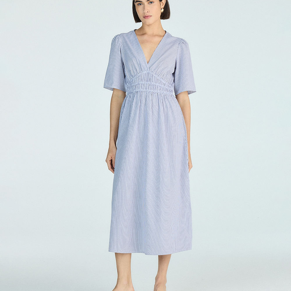 Vestido midi feminino decote v manga curta listrado off white