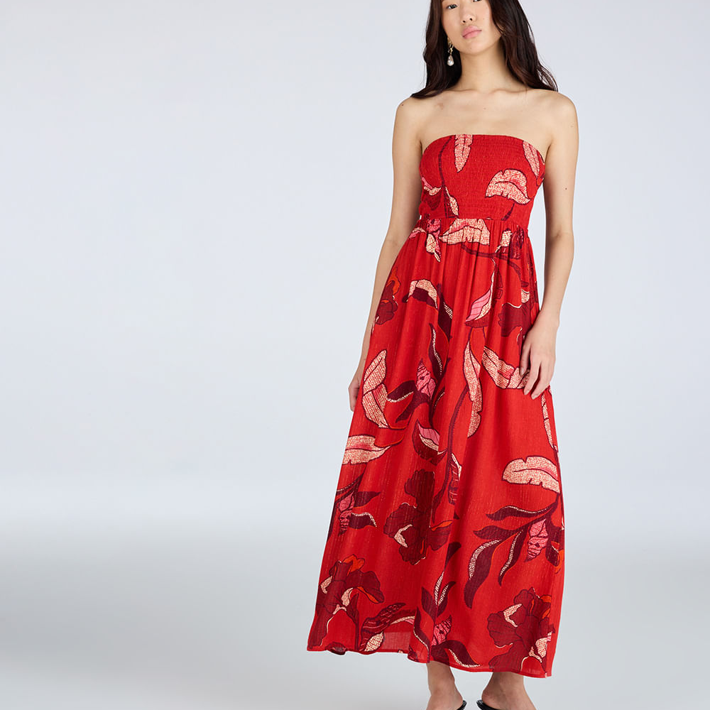 Vestido longo feminino de viscose com lurex floral vermelho Vestido longo feminino de viscose com lurex floral vermelho
