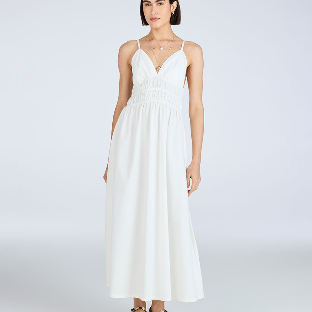 Vestido midi feminino de sarja decote v com pregas off white Vestido midi feminino de sarja decote v com pregas off white