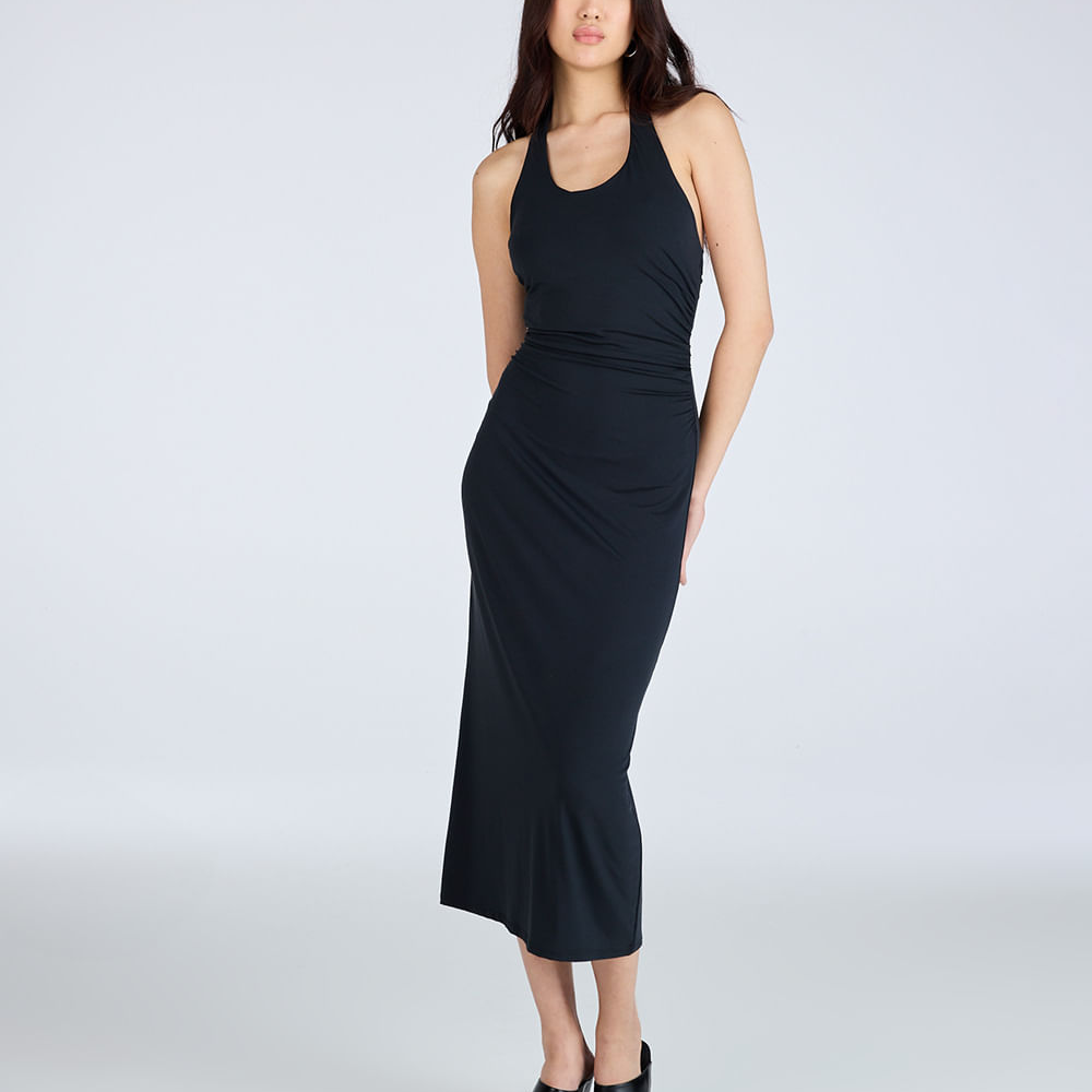 Vestido midi frente única feminino franzido preto Vestido midi frente única feminino franzido preto