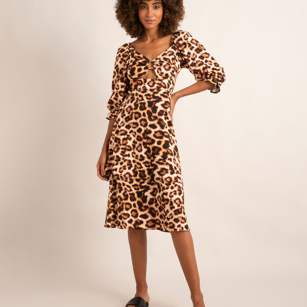 Vestido midi de animal print onça cut out manga bufante além dos mares salvador preta gil marrom Vestido midi de animal print onça cut out manga bufante além dos mares salvador preta gil marrom