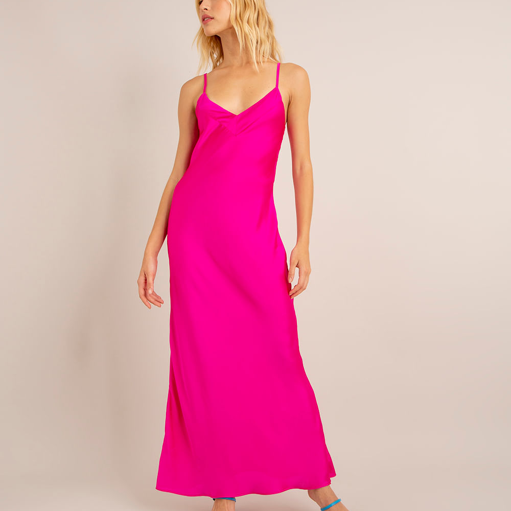 Vestido longo de cetim alça fina decote v com amarração pink Vestido longo de cetim alça fina decote v com amarração pink