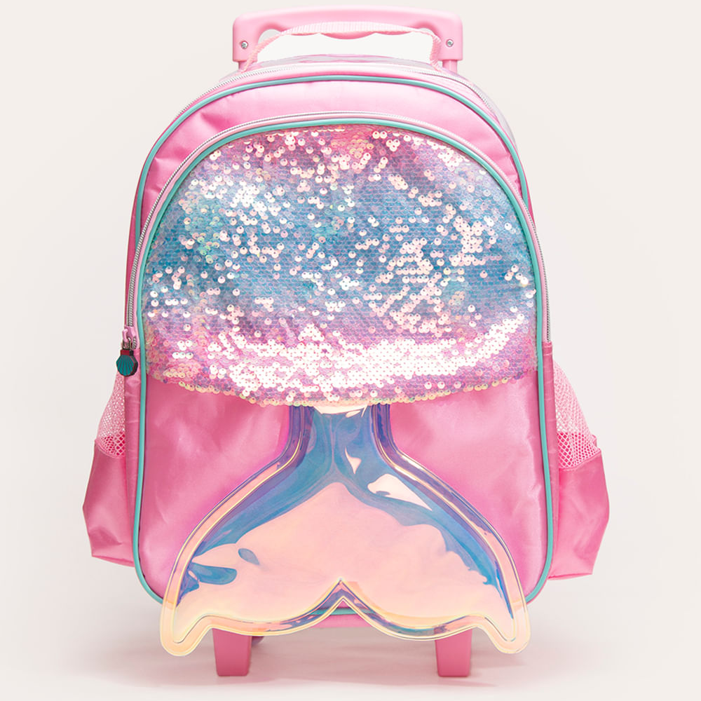 Mochila infantil sereia com paetê e rodas rosa Mochila infantil sereia com paetê e rodas rosa