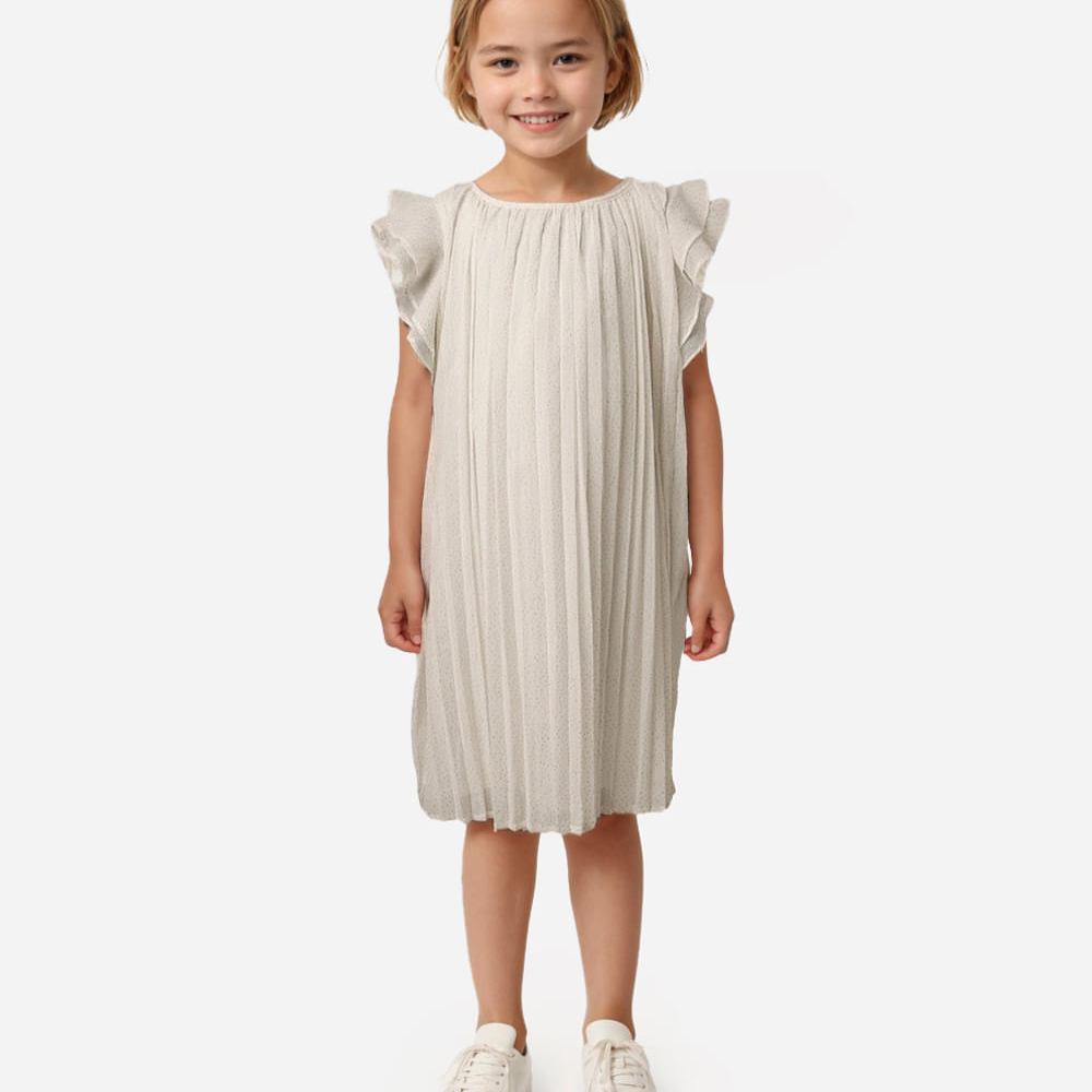 Vestido infantil plissado poá com glitter off white Vestido infantil plissado poá com glitter off white