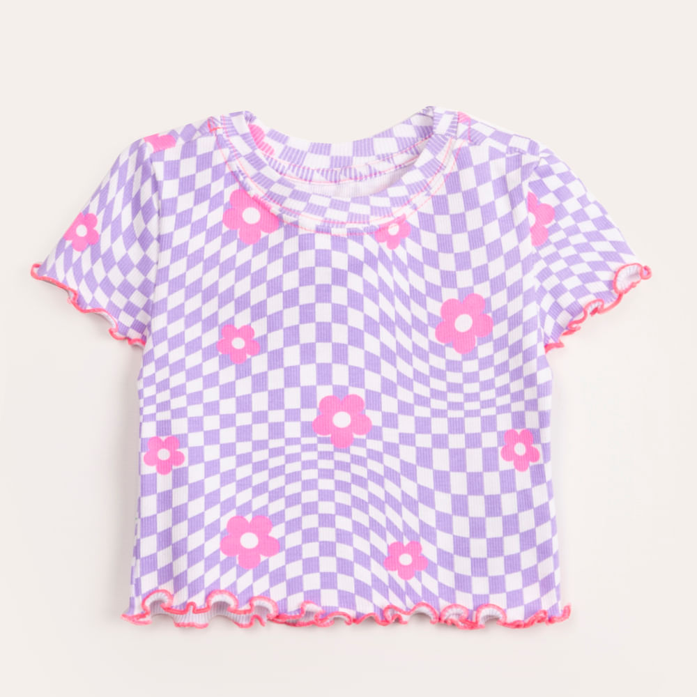Blusa infantil manga curta quadriculada floral multicor Blusa infantil manga curta quadriculada floral multicor