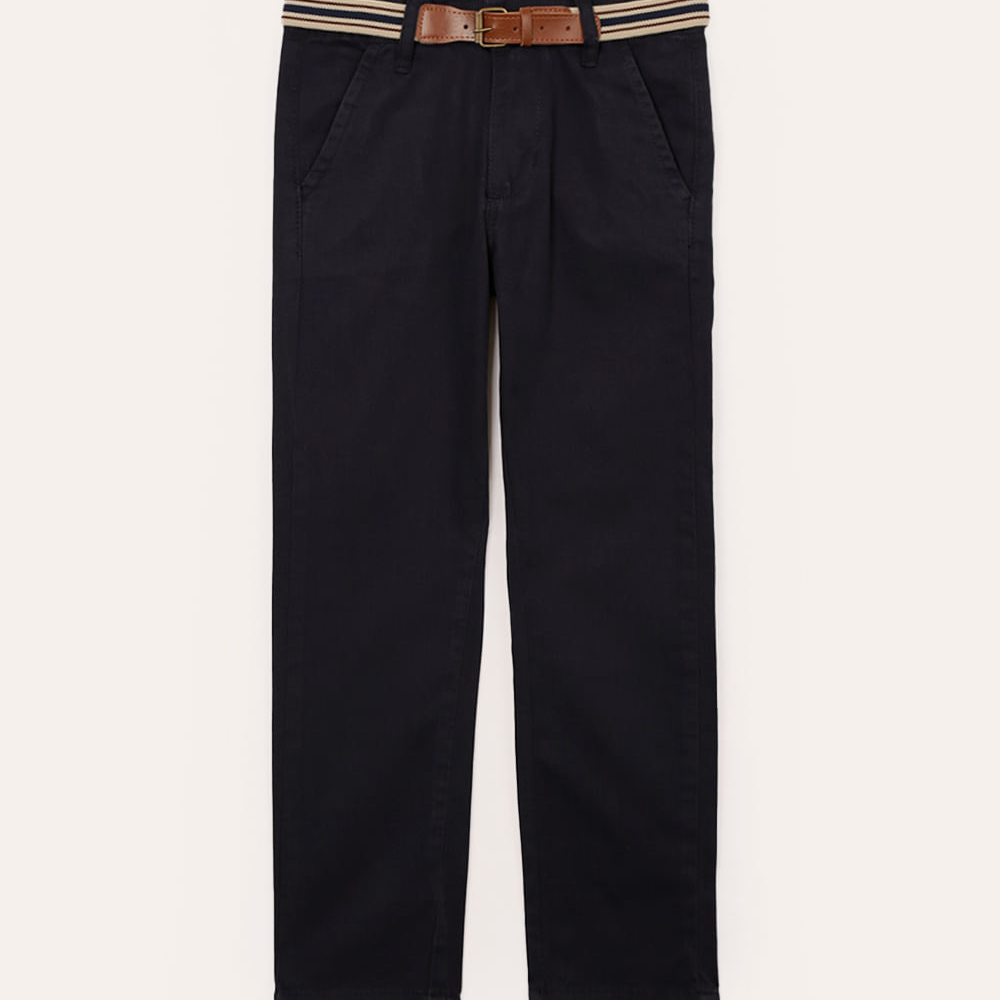 Calça slim infantil de sarja com cinto azul Calça slim infantil de sarja com cinto azul