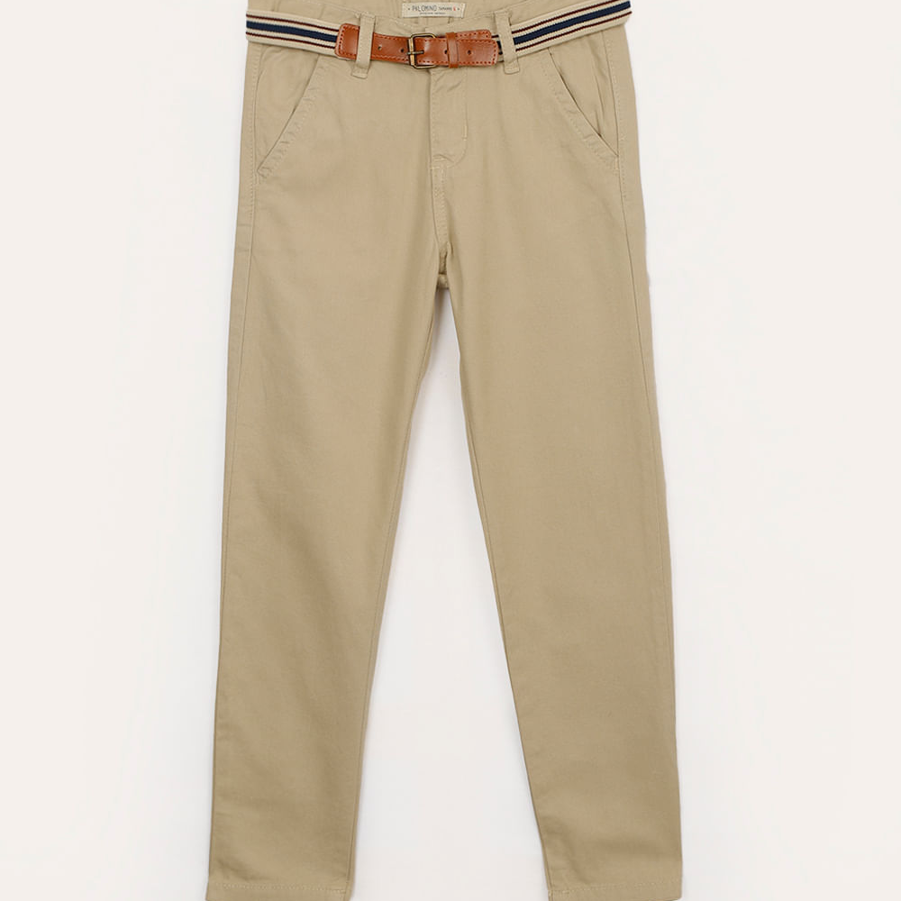 Calça slim infantil de sarja com cinto bege Calça slim infantil de sarja com cinto bege
