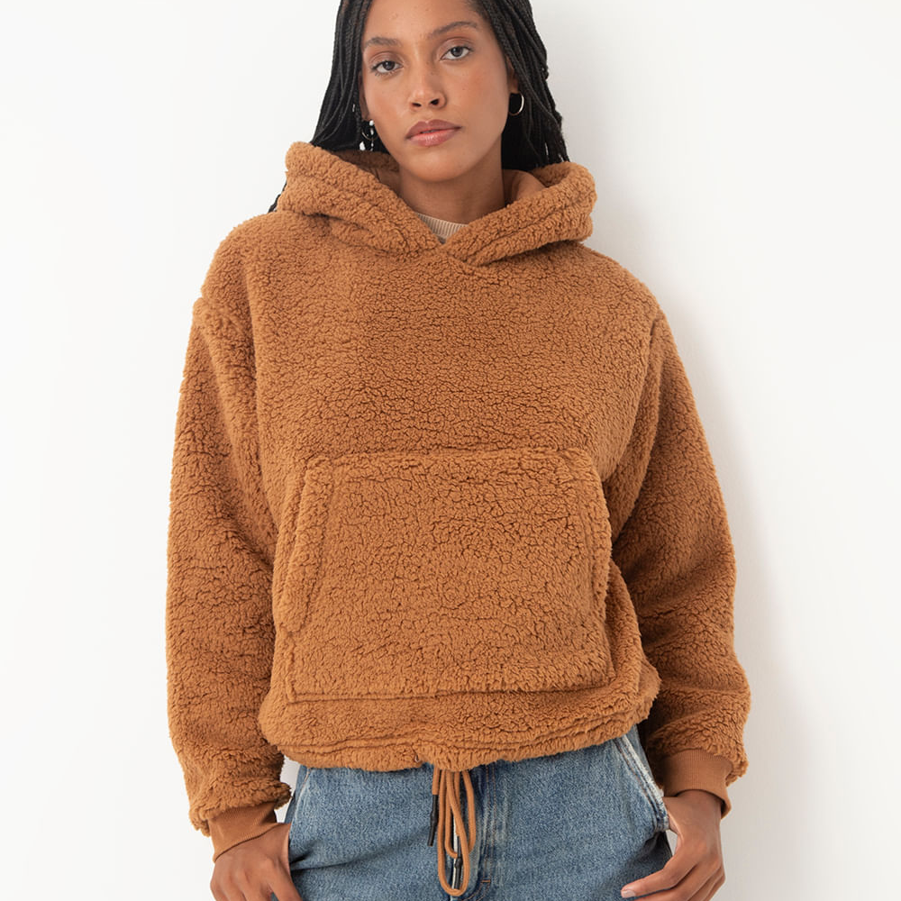 Blusão sherpa com capuz e bolso marrom Blusão sherpa com capuz e bolso marrom